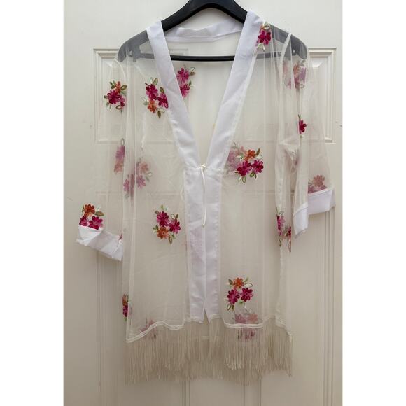 Sheer Floral Fringe Embroidered Wrap Women’s Tops Excellent Condition - Picture 1 of 5